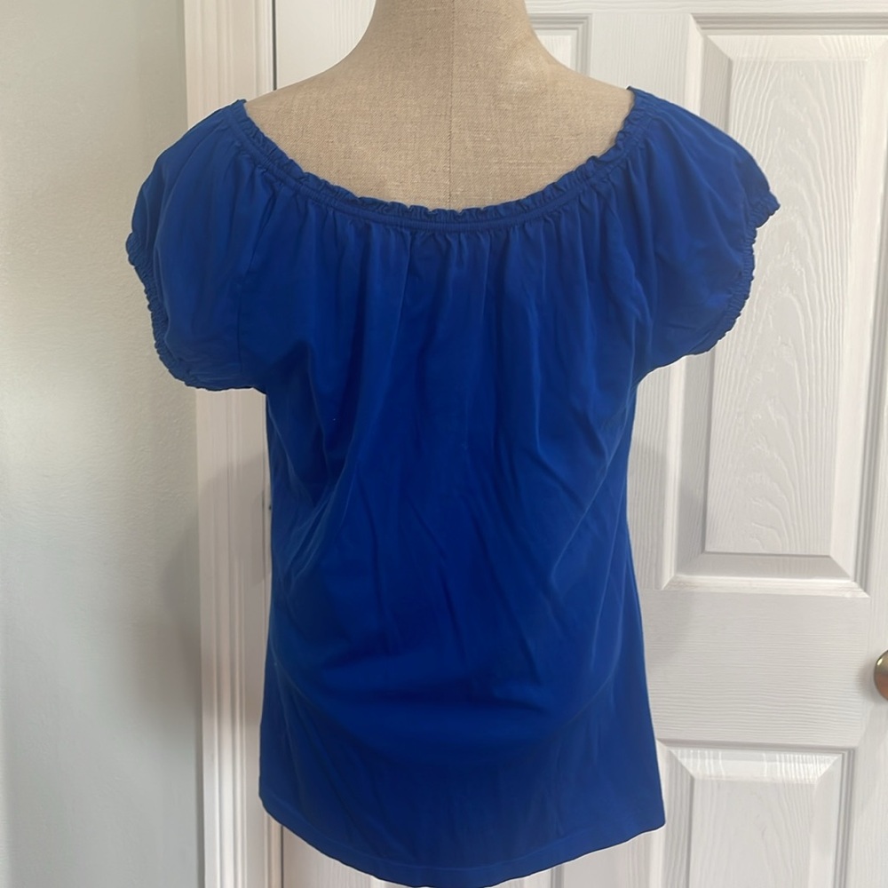 For the Republic top cap sleeves 100% Pima cotton ruffle trim blue womens size M - Picture 5 of 11